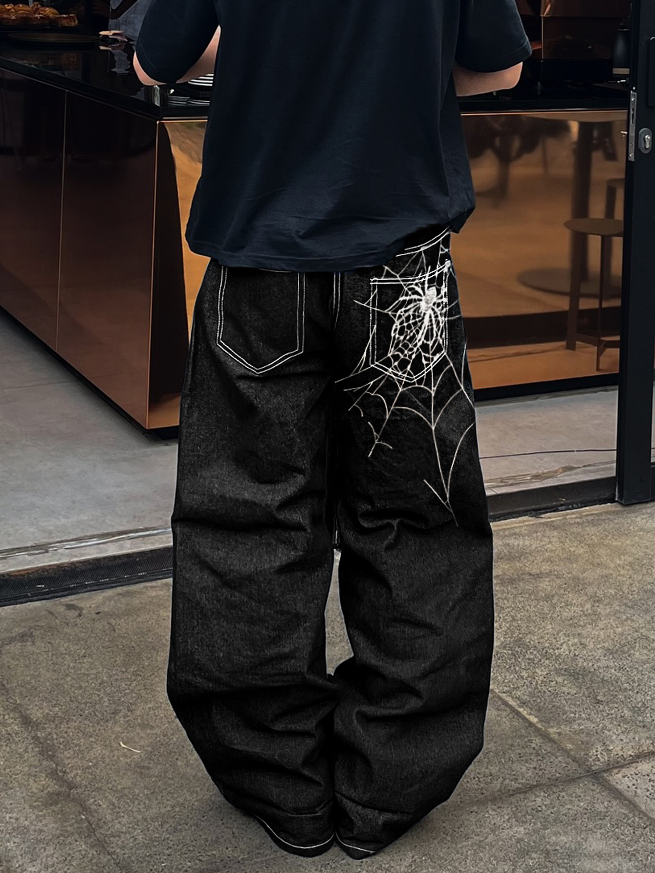 nvfelix wide leg loose fit vintage denim pants with spider web spider embroidery y2k streetwear rock style     full length zipper jeans suitable for outdoor casual wear
