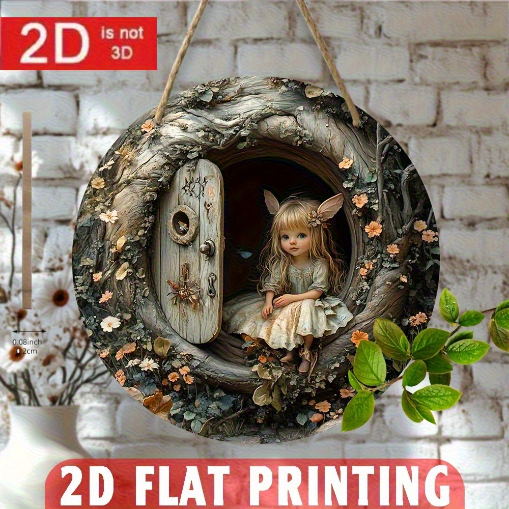TEMU 2d Flat - [2d Flat] A Vintage Round Wooden Welcome Sign In 2d Design Featuring Fairy Doors - Flat Printed, No Electricity Required, Perfect For