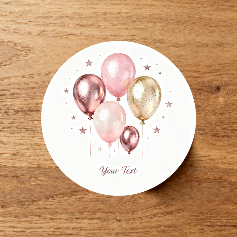 TEMU Customizable Birthday Or Wedding-themed Round Stickers Featuring Golden And Pink Balloons, Perfect For Personalizing Jars And Bottles. Unique