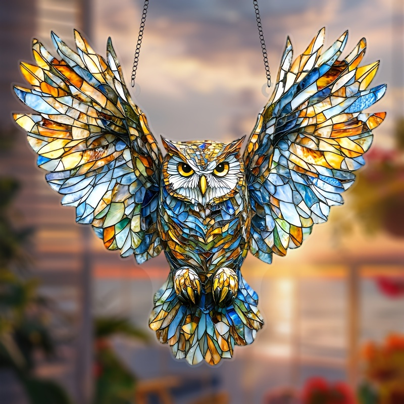 

1pc Colorful Owl Sun - Animal Themed Stained Glass Hanging Ornament For Wall Decor, Ideal Gift For Women, Men, , Anniversaries, Holiday Decorations - Plastic, Christmas Suitable, 6.7" X 8