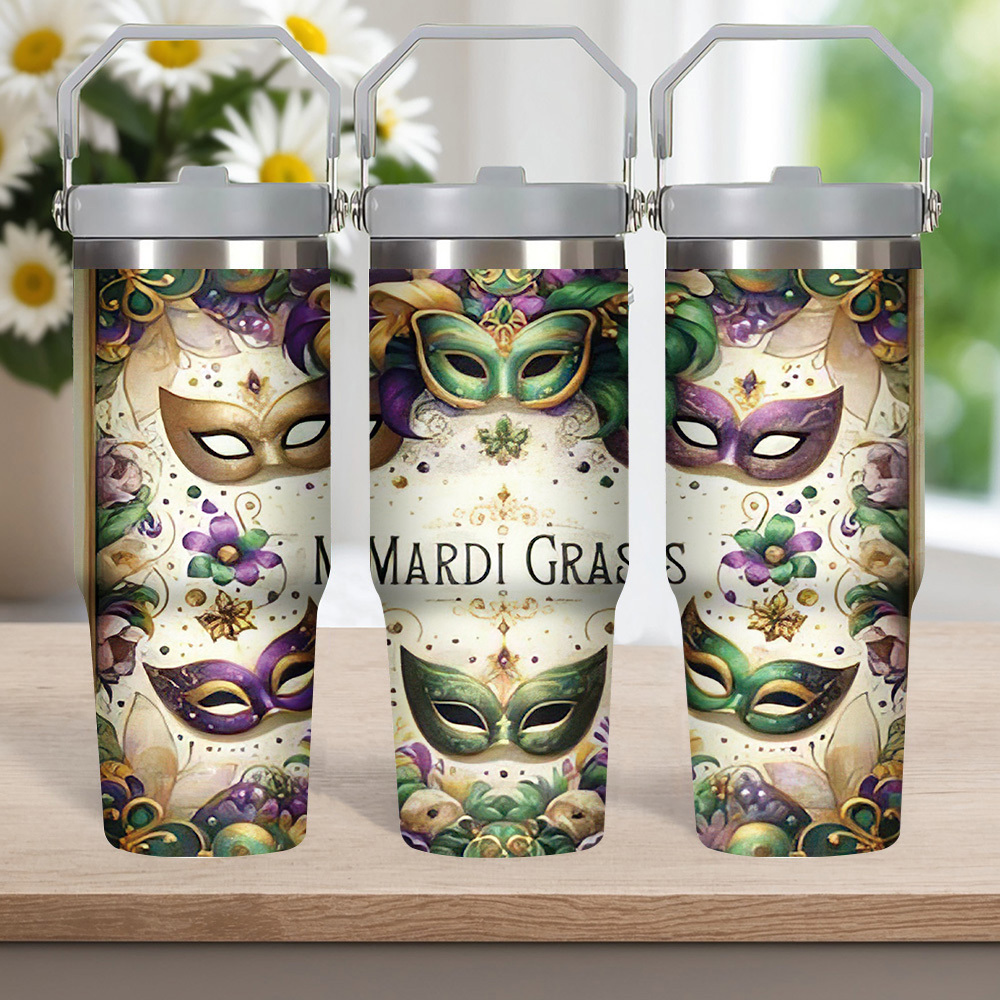 

1pc Mardi Gras Themed 30oz Insulated Stainless Steel With Straw, Rust-proof Travel Cup With Detachable Lid, Mask & Design, Vibrant Purple, Green & Golden Colors - Ideal Gift For Family & Friends