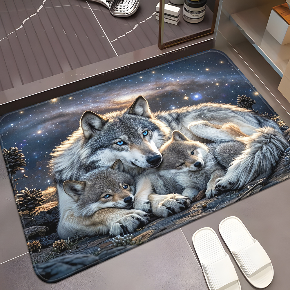 Image of 1pc, The Wolf Pattern Hd Printed Door Mat, Non-slip Bathroom Floor Mats, Microfiber Absorbent Machine Washable Polyester Rug For Bedroom, Living Room Entrance Carpet, Camping Picnic Rugs, Yoga Mat