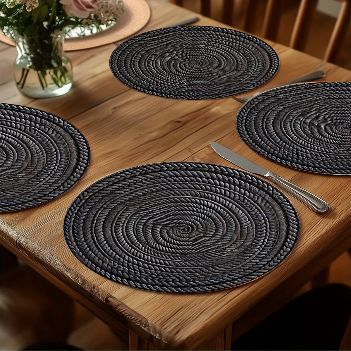 TEMU 4pcs Bohemian Style Round Rustic Table Mats, 15x15 Inches- Black, Machine Washable And Reusable, Perfect For Home, Wedding, And Party Decor,