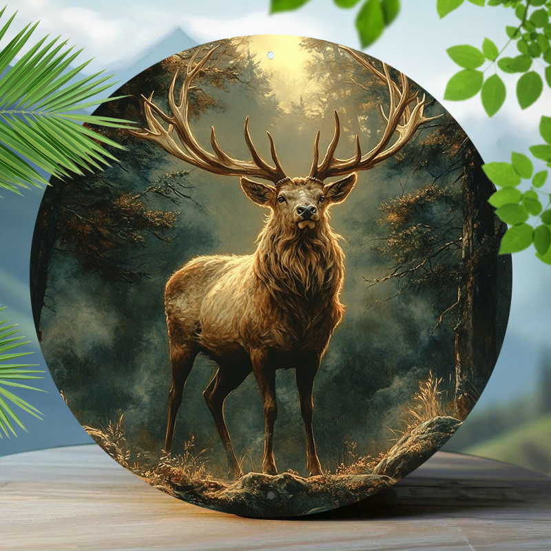 Image of Deer Antler Round Hunting Metal Sign - Windproof Aluminum Wall Art Suitable For Home And Bar Decor, Pre-drilled For , 18 And Up, Reusable - 20.32cm