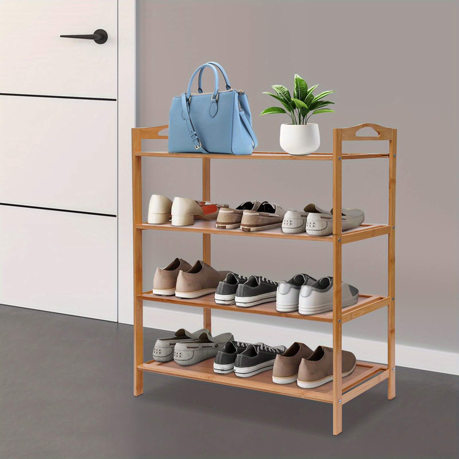 E-shop 4-stufiges Bambus-Schuhregal. Stilvoller langlebiger Eingangsbereich-Aufbewahrungsständer für Schuhe, Boots Accessoires. für Zuhause, das Büro