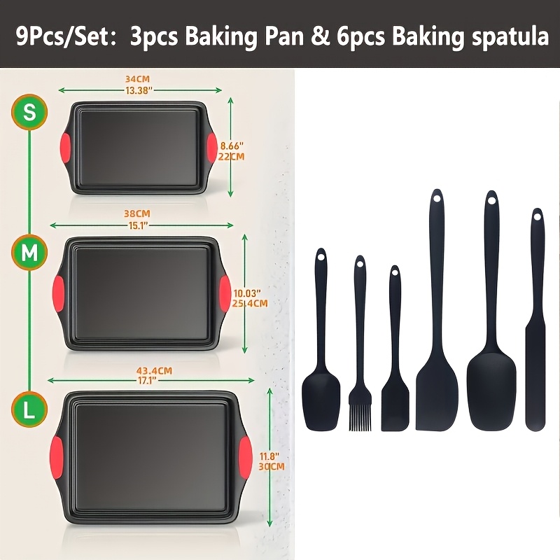 Image of Serving Platter 9pcs Kitchen Oven Baking Pan Suit, 3 Baking Pans+6 Accessories, Luxurious And Fashionable Inside And Outside, Commercial Grade Metal Baking Pan, Red Silicone Handle