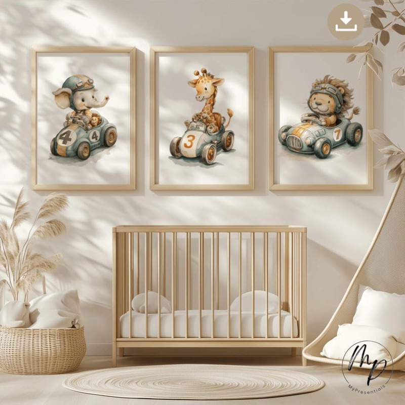 TEMU 3pcs (unframed Canvas Poster) Racing Car Animal Poster Set For Kids' Room â Lion, Giraffe & Elephant Style â Perfect For Boys