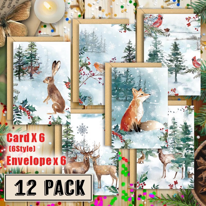 

12 Pack Winter Animal Cards With Envelopes - Mixed Color Paper Notecards For Christmas, Valentine's Day, Gifting - Floor Mount, Solid Pattern Holiday Greeting Set For Family, Friends, Colleagues