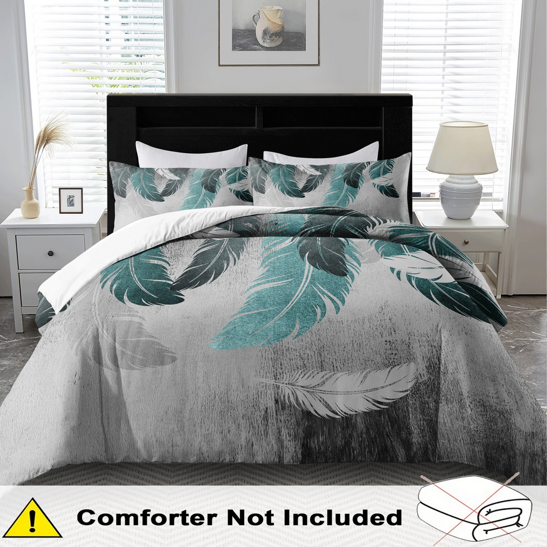 TEMU Parure de Housse de Couette 2/3 Pièces, Housse de Couette à Imprimé Plumes Géométriques , Linge de Lit Queen, Polyester Lavable en Machine,