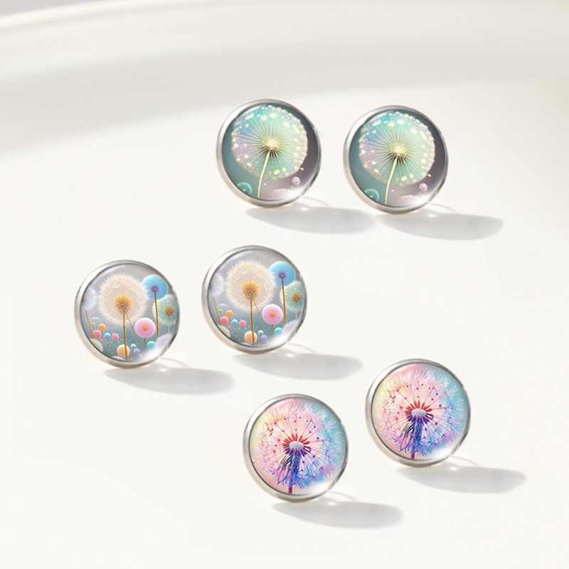 3pairs Beautiful Colored Dandelions Picture Round Stud Earrings Set Handmade Jewelry Gift For