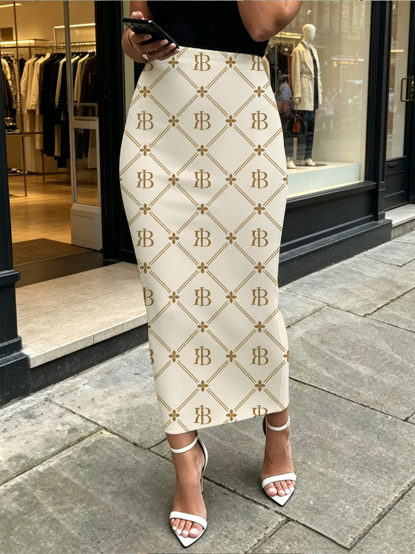 Saia Feminina Vintage de Luxo com Estampa de Monograma, Justa e Aveludada ao Quadril 4