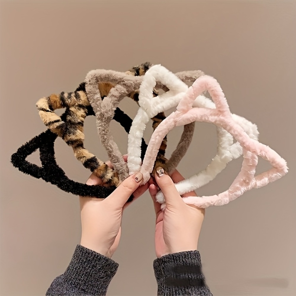 E-shop 5-teiliges Leopardenmuster Plüsch-Katzenohr-Stirnband, Niedliches Vintage-Haaraccessoire für Damen, Ideal für Make-up, Gesichtswäsche