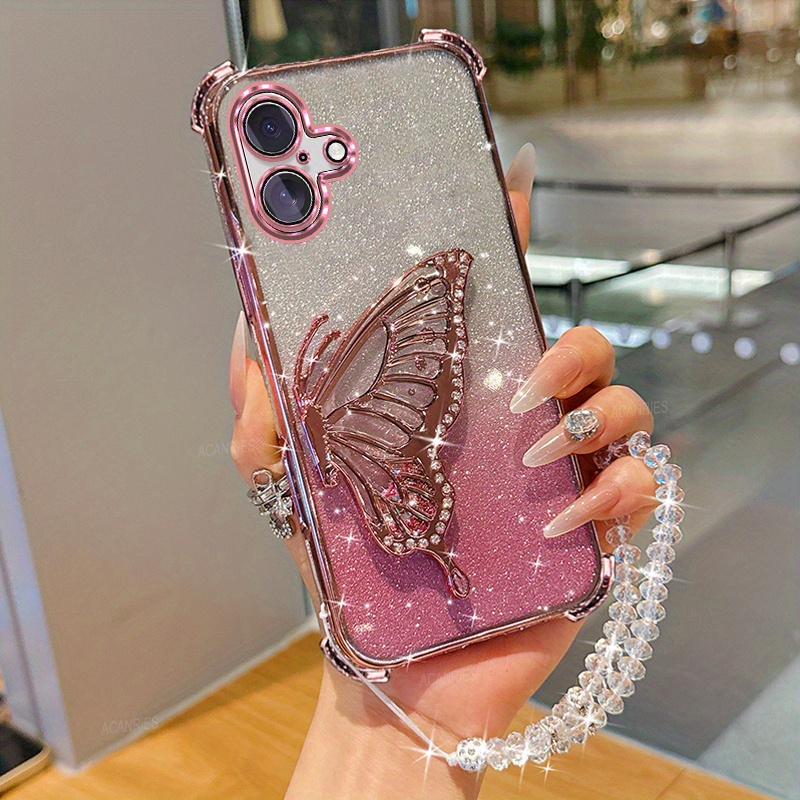 TEMU Phone Case: For Iphone16 Luxury Plating Shockproof Thickening Glitter Card Phone Case For Iphone 16 Quicksand Bracket Clear Bead Hand Strap Soft