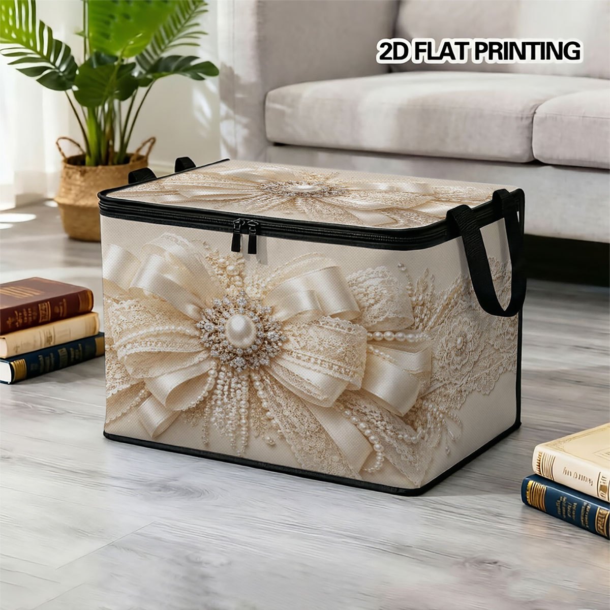TEMU Scatola portaoggetti pieghevole con cerniera extra large da 1 pezzo, design stampato elegante e con pizzo, perla e , adatta per riporre vestiti,