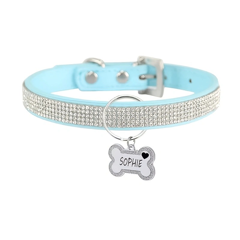 Customized Rhinestone Dog and Cat Collars with Name ID Tags