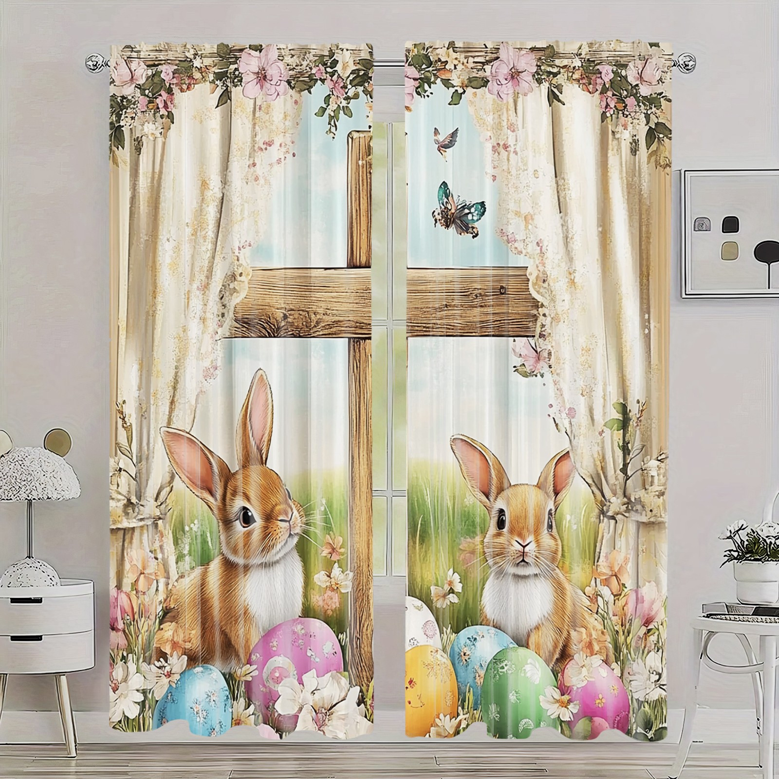 TEMU 2 pz, tende oscuranti in poliestere con design di e uova di , tende a borsa per camera da letto e bagno, decorazione per le feste di con e fiori