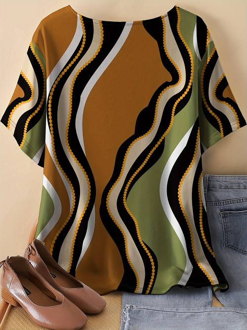 womens summer size t shirt casual round neck short sleeve loose fit vintage multicolor wave pattern fabric all