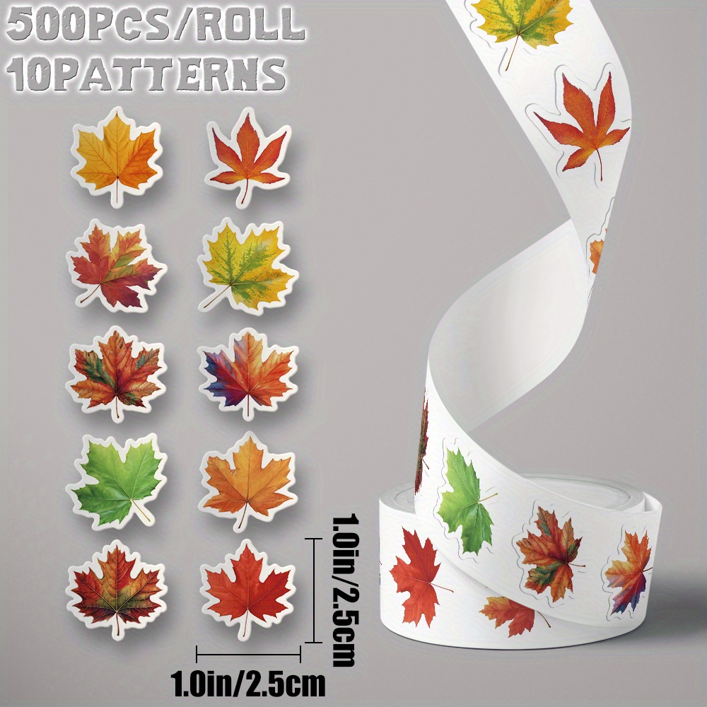 Image of 1 Roll/500pcs Maple Leaf Themed Sticker Roll 10 Patterns Delicate Decoration For Holiday Party Decors Birthday Skateboard Luggage Bike Hand Account Water Bottle