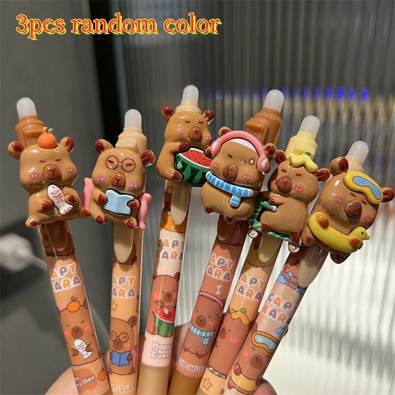 Image of 3 Random Color Capybara Design Retractable 0.5mm Erasable Gel Pens, Blue Ink, Comfortable Grip, Quick-drying, Plastic Writing Tools, Suitable For Office Stationery Supplies, Holiday Gifts