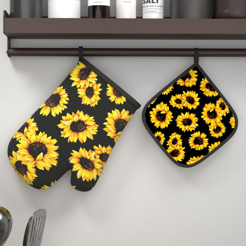 

2pcs Autumn Sunflower Polyester Oven Mitts And Potholders Set, Heat Resistant, Machine Washable, Woven Kitchen Grilling Cooking Baking Tools, Yellow Sunflowers Design, Kitchen Decor