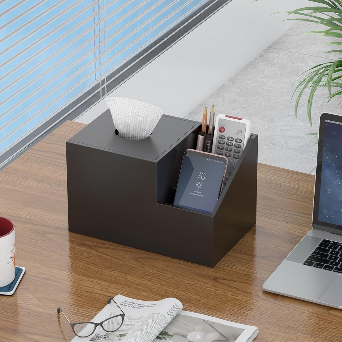 tissue box cover holder bamboo square multifunction nightstand organizer tissue storage box for bedroom bathroom office compartments hold ipad phones remote controls black Product details 3