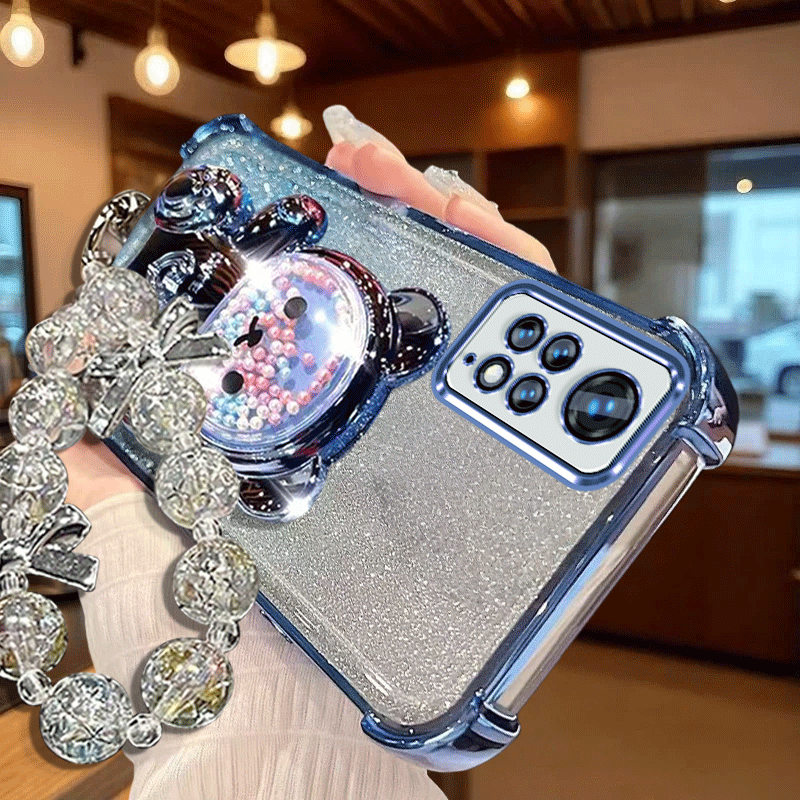 TEMU Phone Case: Phone Case Suitable For Redmi Note 11 Note 11 Pro 4g Luxury Electroplated Tpu Soft Shell, Cute Bead Bear, Phone Holder, Hanging Rope
