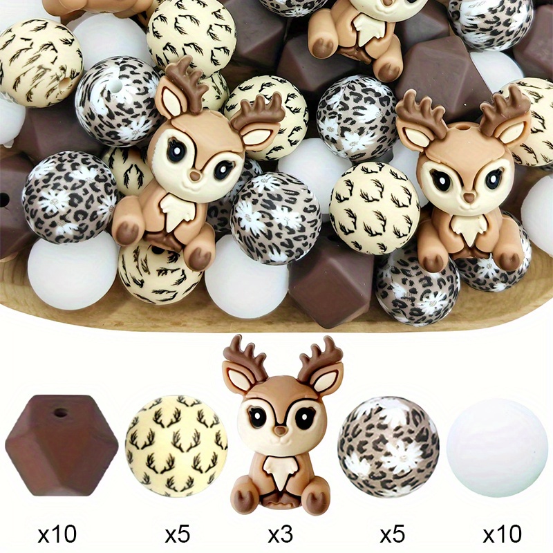 33pcs Brown 3d Deer Animal Silicone Focus Bead Set
