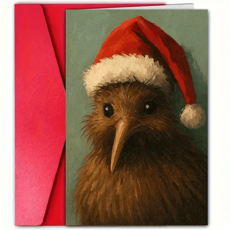 TEMU Funny Kiwi Christmas Card - Adorable New Zealand Themed Santa Hat, Kiwi With Eyes, Red And , Suitable For Holiday Greetings, Birthdays, And