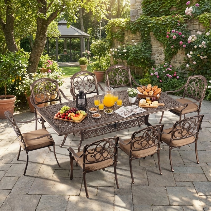 9pcs Cast Aluminum Outdoor Patio Dining Set - Ornate Scrollwork Design, Weather-Resistant Rust-Proof Frame, Square Table & 6 Cushioned Chairs, Suitable for Garden, Backyard & Poolside