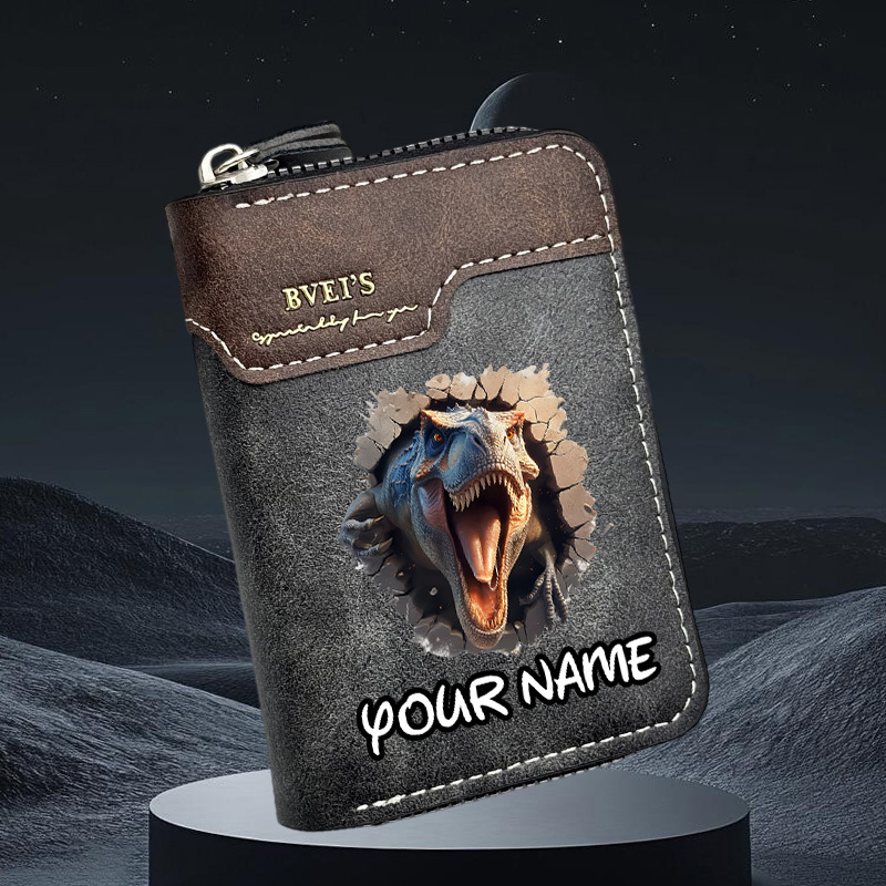 TEMU 1pc Personalized Customized Wallet, Card Bag, Id Bag With Cool Dinosaur Wall Pattern, You Can Add Your Custom Name On It, Trendy Portable Multi