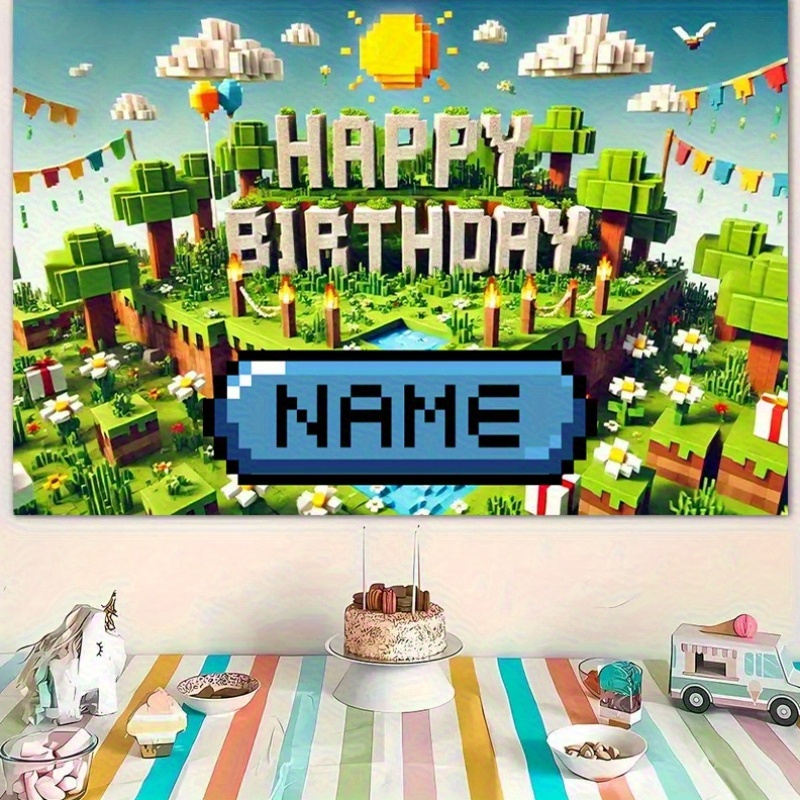 Image of 1pc Customizable Polyester Happy Birthday Flag - Return To Fashion Pixel Art Castle And With Personalized Name, Colorful Tassels And Festive Decorations, Suitable For Indoor/outdoor Celebrations