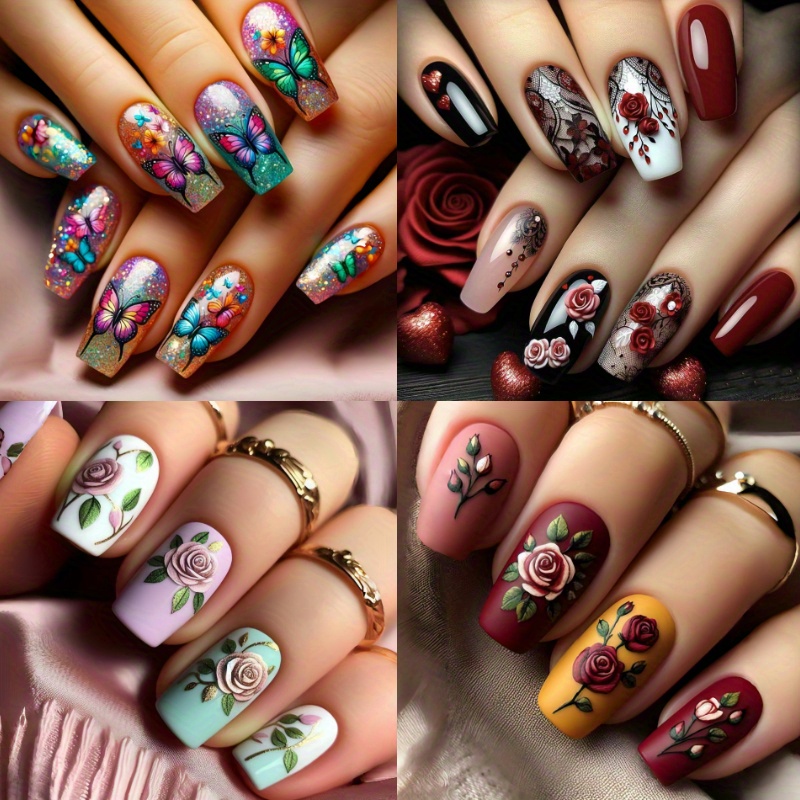 TEMU Set Of 96 Black Gradient Nail Tips Featuring A Cherry Design - (4 Pack) Short Ballet Style, 3d Removable Kit, Glossy End, Floral Pattern, Ballet Nails