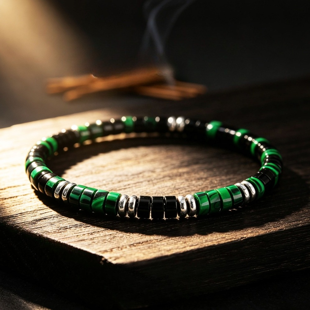 Men's Handmade Natural Malachite & Black Onyx Bracelet, Wealth Attraction