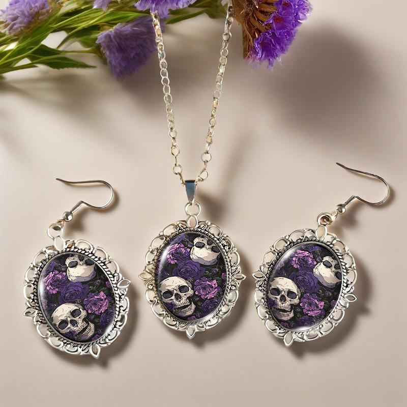 TEMU 3pcs Fashionable Halloween Skull With Purple Flowers Patterned Lace Trim, Made Of Glass Jewelry Accessories Gift