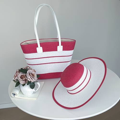 casual straw woven womens tote bag and straw hat two piece set wide brimmed sun hat and large capacity tote bag beach sun protection straw bag set fashionable seaside vacation straw two piece set