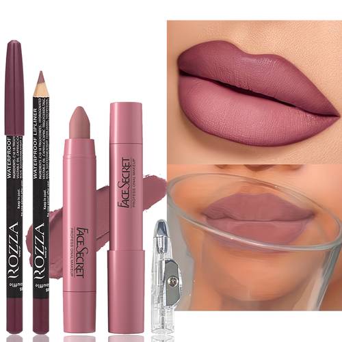 3pcs velvet matte lip set 1pc lipstick lip liner pencil sharpener a matte long lasting lip liner a smooth lipstick pencil and a pencil sharpener waterproof and easy to apply it features pink and brown shades to create a