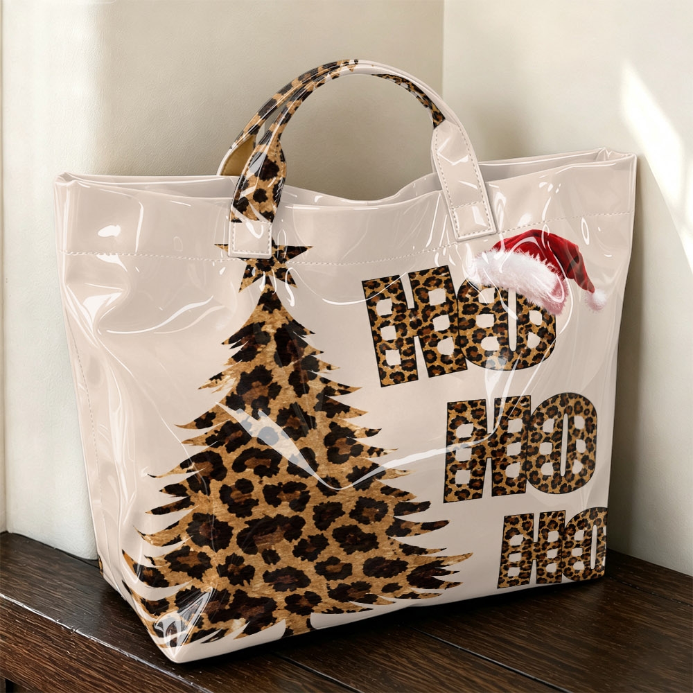 TEMU 1pc Base Leopard Print Christmas Tree, Letter With Santa Hat Print Pvc Hand Tote Bag, For Winter Christmas Gift, Holiday Outing, Shopping