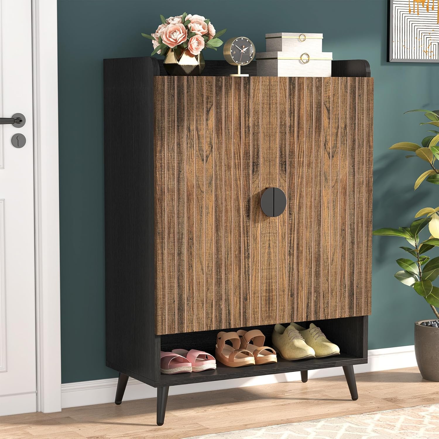 7-tier Solid Wood Shoe Cabinet With Doors - Capacity Shoe Storage Organizer Suitable For Entryway, Hallway, Closet - Rustic Brown Shoe Rack With Adjustable Shelves, Space- Vertical, Doors Storage