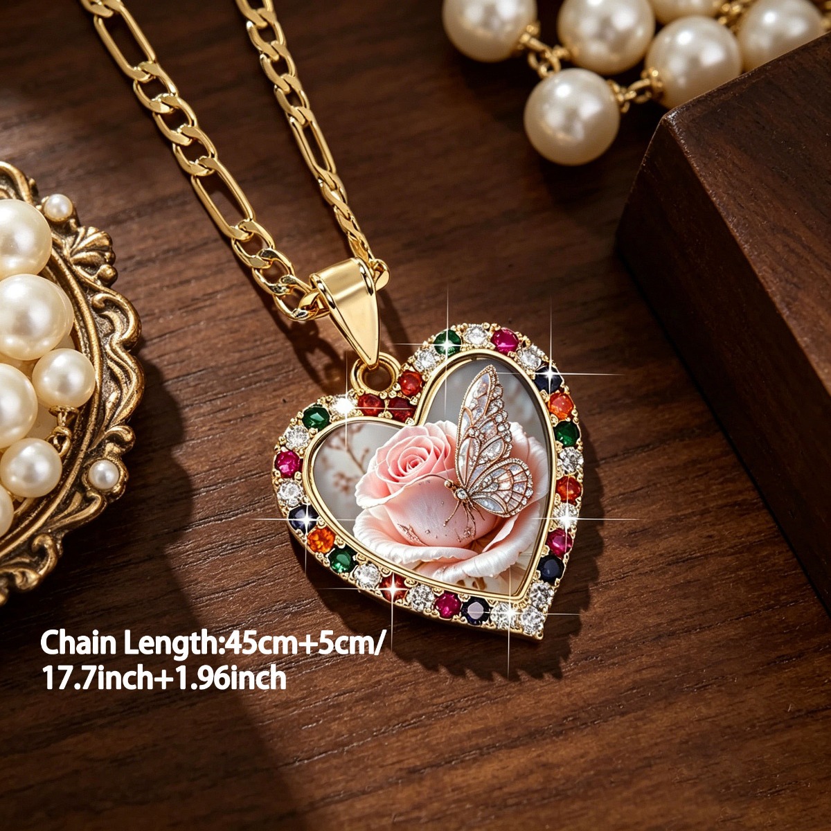 Women's Vintage-Style Pink Rose Pattern Stainless Steel Pendant Necklace