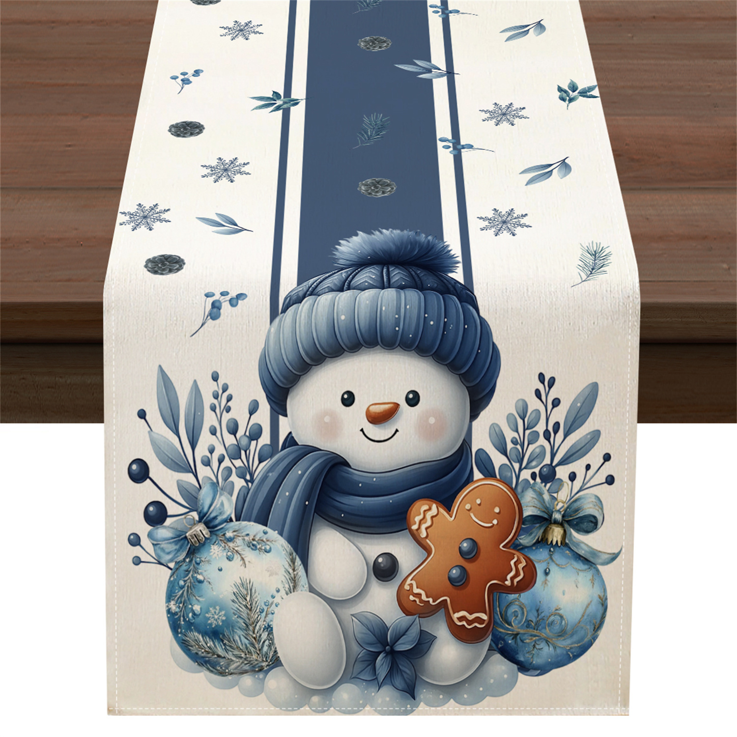 TEMU 1pc Striped Snowman Snowflake Christmas Ball Gingerbread Berry Branch And Leaf Christmas Table Runner For Kitchen Dining Table Decor, Holidays