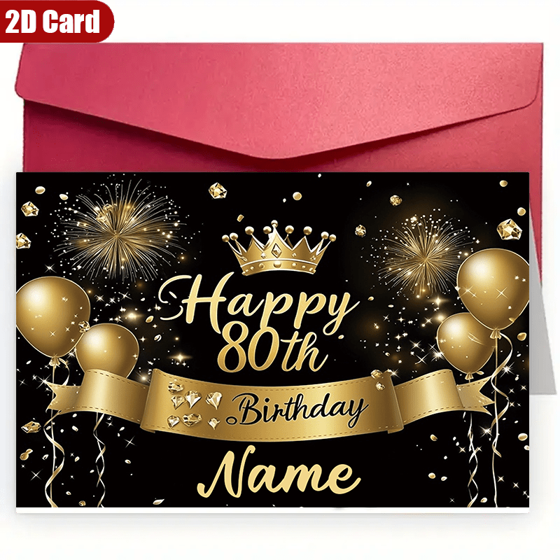 TEMU 1pc Personalized 80th Birthday Card With Name Customization - Golden And Black Elegant Milestone Age 80 Greeting Card, Golden And Balloons