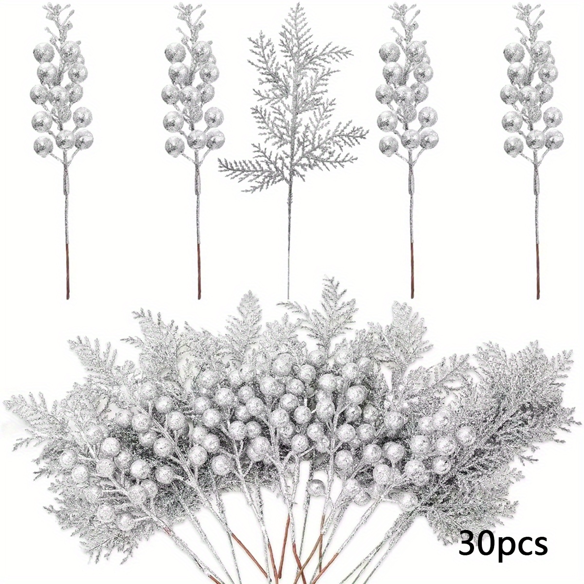 Image of 30pcs Christmas Glitter Artificial Pine Needles And Christmas Stems Christmas Floral Picks Branches Greenery Pine For Christmas Garlands Tree Wreath Vase Decoration(golden)
