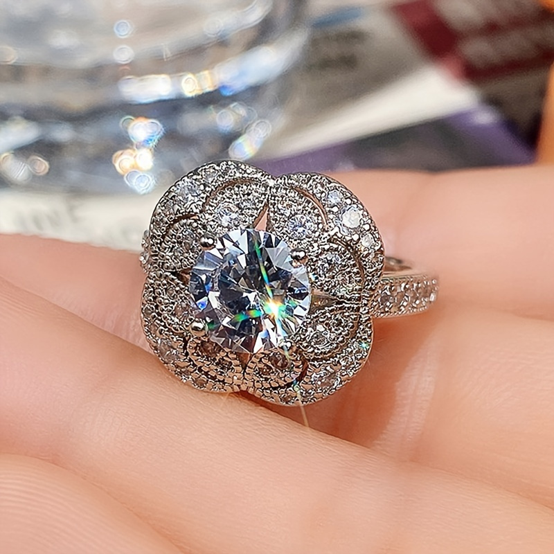 Geometric Floral Ring Women Wedding Engagement Sparkling Gemstone Size 6-11