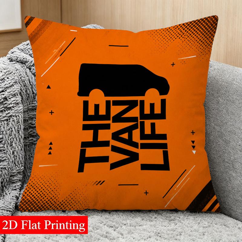 TEMU 2d Flat Printing, 1pc Double-sided Throw Pillow Cover, Size 45x45cm, With Orange Background And Black Van "the " Pattern, Suitable For Living