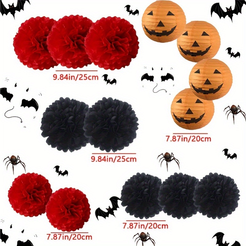 Image of 14pcs Set Of Halloween Paper Ball Pumpkin Lantern Decorations, Suitable For Hanging Decorations (red, Black, Orange) And Indoor And Outdoor Celebrations