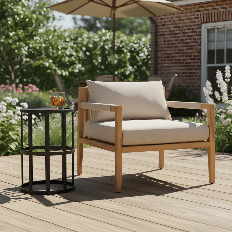 Acacia And Beige Rope Lounge Chair with Ceramic Tile Side Table Set