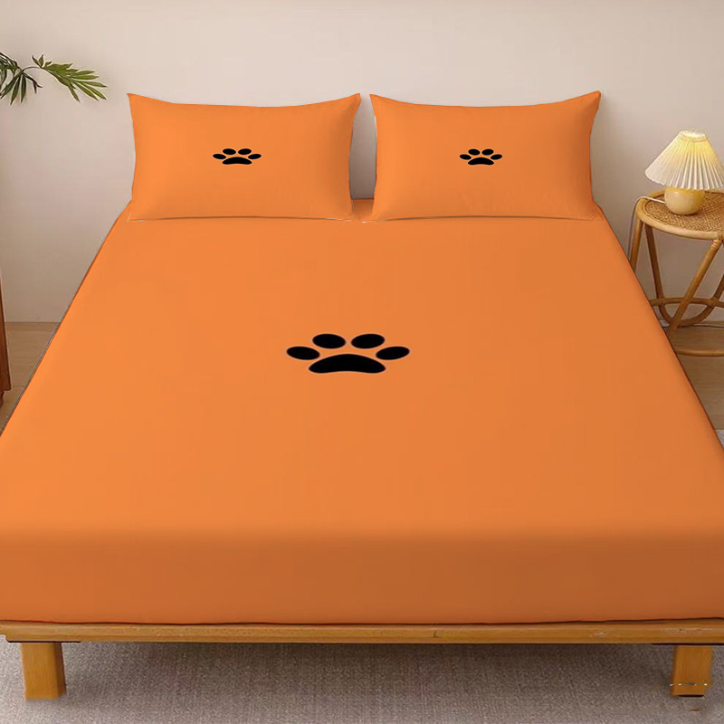 TEMU 1pc Orange Background Black Paw Print Pattern Fitted Sheet, Single Piece Of Deep Pocket Fitted Sheet, No Pillowcase, Washable Soft Fabric