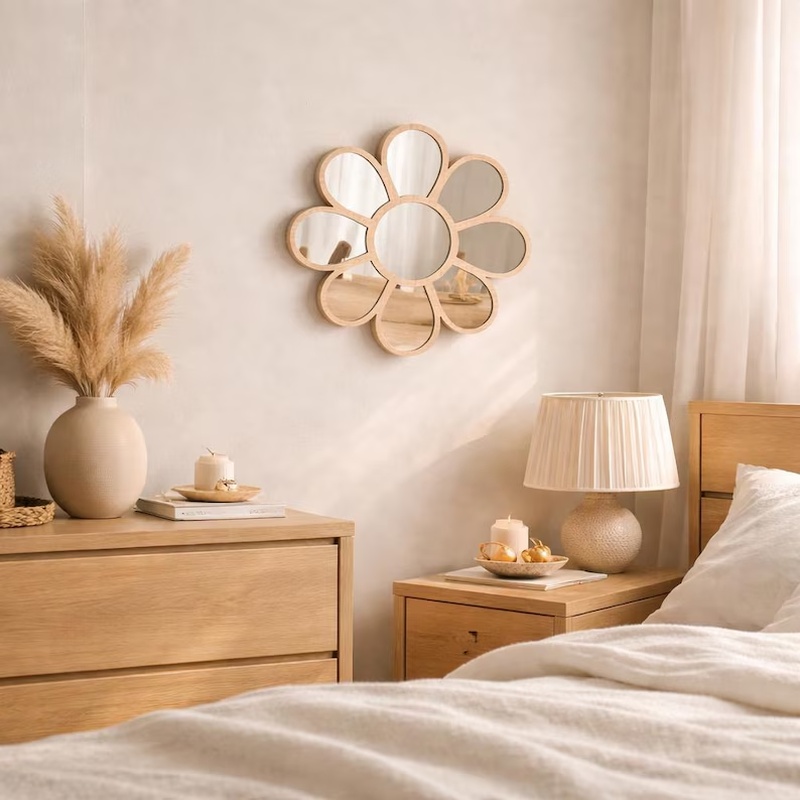 Ins Nordic Style Daisy Wooden Mirror Home Decor For Boys' And Girls' Room Background Mirror, Background Mirror, Festival Decoration Mirror