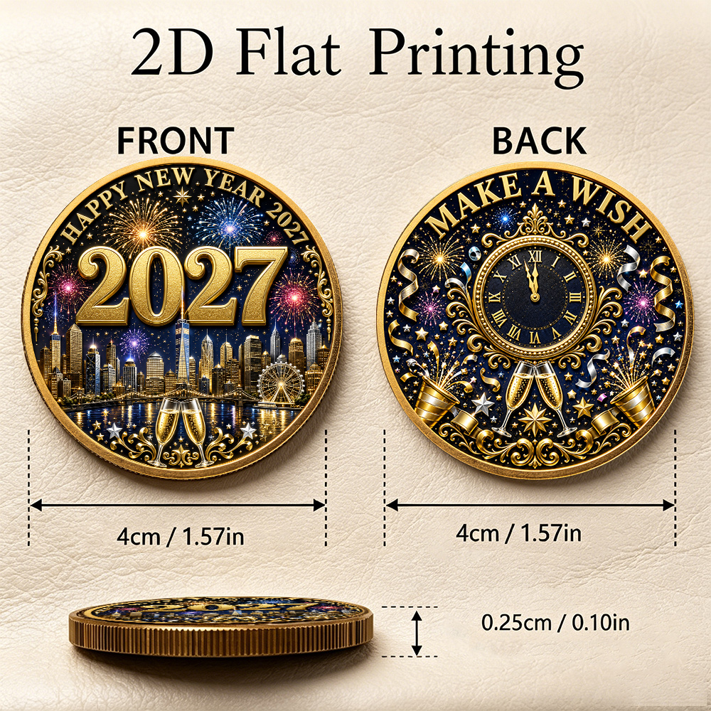 TEMU 1pc, 2027 New Year Wish Commemorative Coin, Double-sided Countdown Collectible Coin, New Year City Fireworks And Wishing Moment Themed