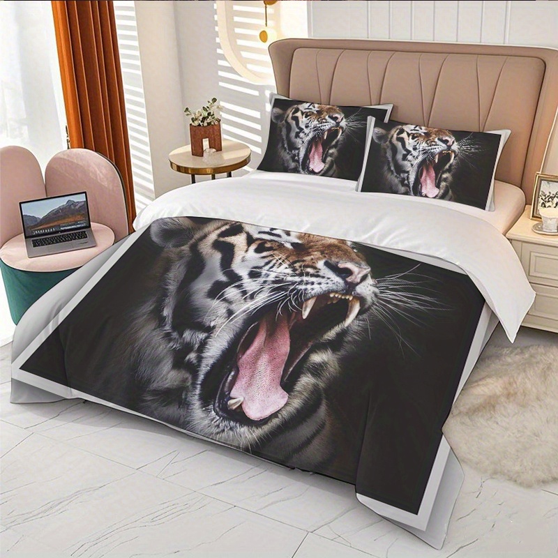 2/3pcs Tiger Roaring Fierce Printed Duvet Cover Set, Which Includes a Duvet Cover And Pillowcases - Perfect for Bedrooms And Bedding Decoration | Machine Washable Polyester Duvet Cover Set | an Ideal Choice for Christmas, Valentine'S Day, And More., Highend Fabric Woven Piece, Plush Bedspread, Digitally Printed Cloth, Halloween Duvet, Bedrooms And Bedrooms decor., Duvet Decoration Comfort., King Size Bed Frame with Headboard, Duvet Pack for Bedroom Decor, Bedding Basics, Fantasy